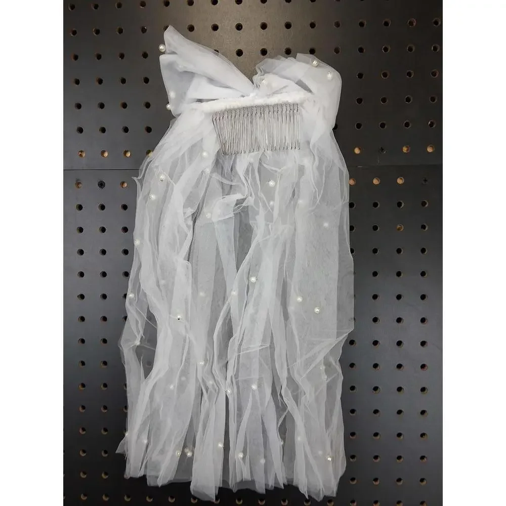 Elegant Pearl-Embellished Double Layer Veil with Bow - Picture 2 of 4